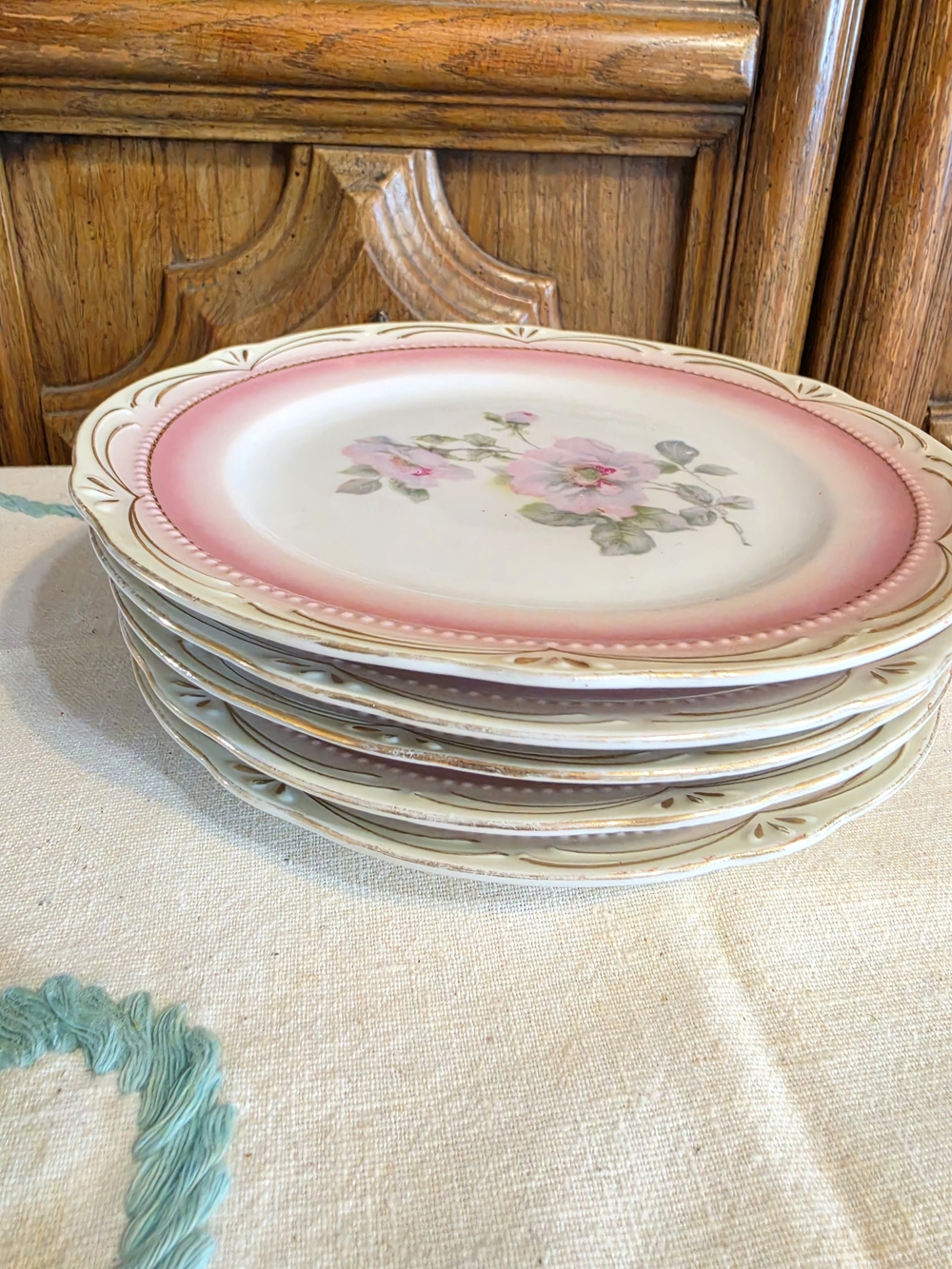 Set Of 5 Vintage German Porcelain 7 Inch Plate with Pink Rim and Floral Center